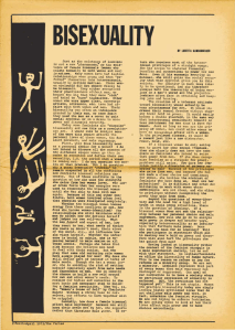 Yellowed printed copy of the bisexuality article from The Furies